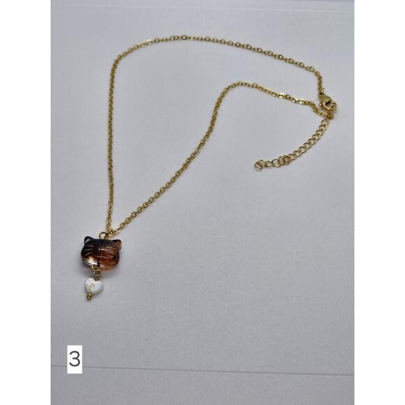 Handmade Glass Cat Necklace Pendant Shell Heart Gold-Plated Adjustable Chain - Picture 8 of 8